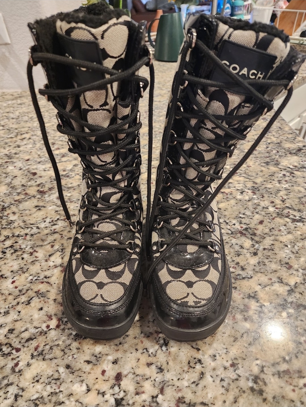 Coach Black and Cream Signature Lace-Up Women's Boots